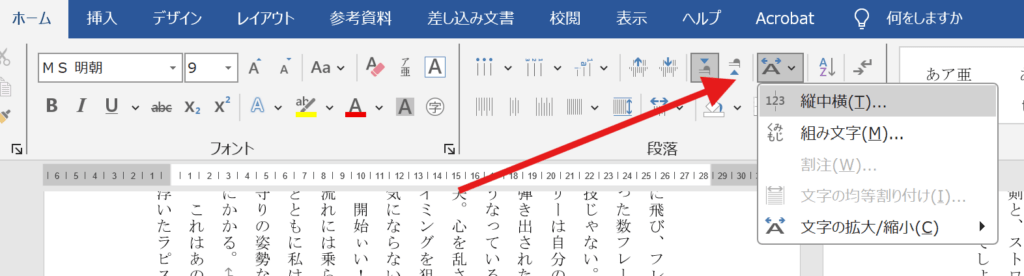 Word・縦中横の場所を赤い矢印で指し示す